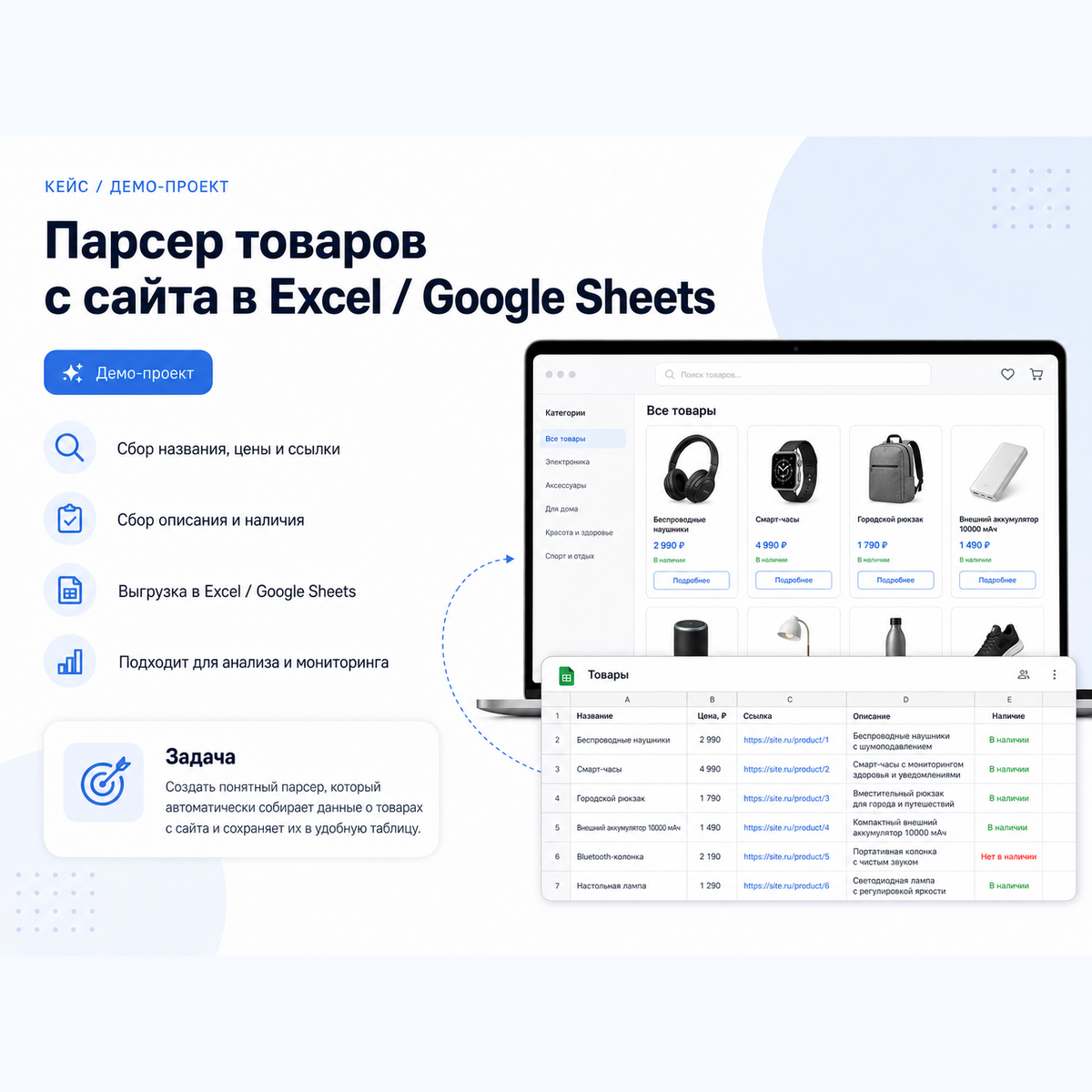 Парсер товаров с сайта в Excel / Google Sheets
