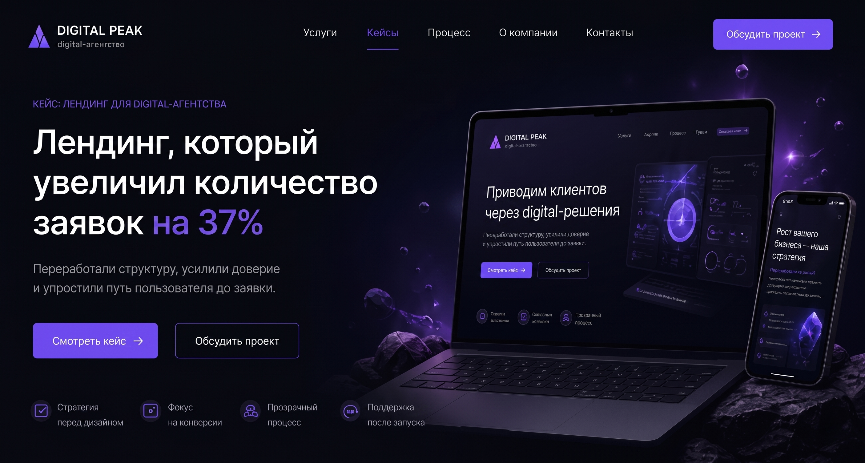 Лендинг для digital-агентства с ростом заявок +37%