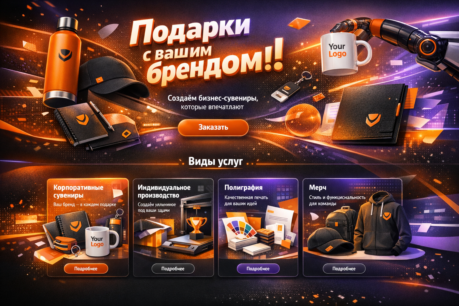 Разработки концепция первого и второго экрана для сайта корпоративных сувениров и мерча