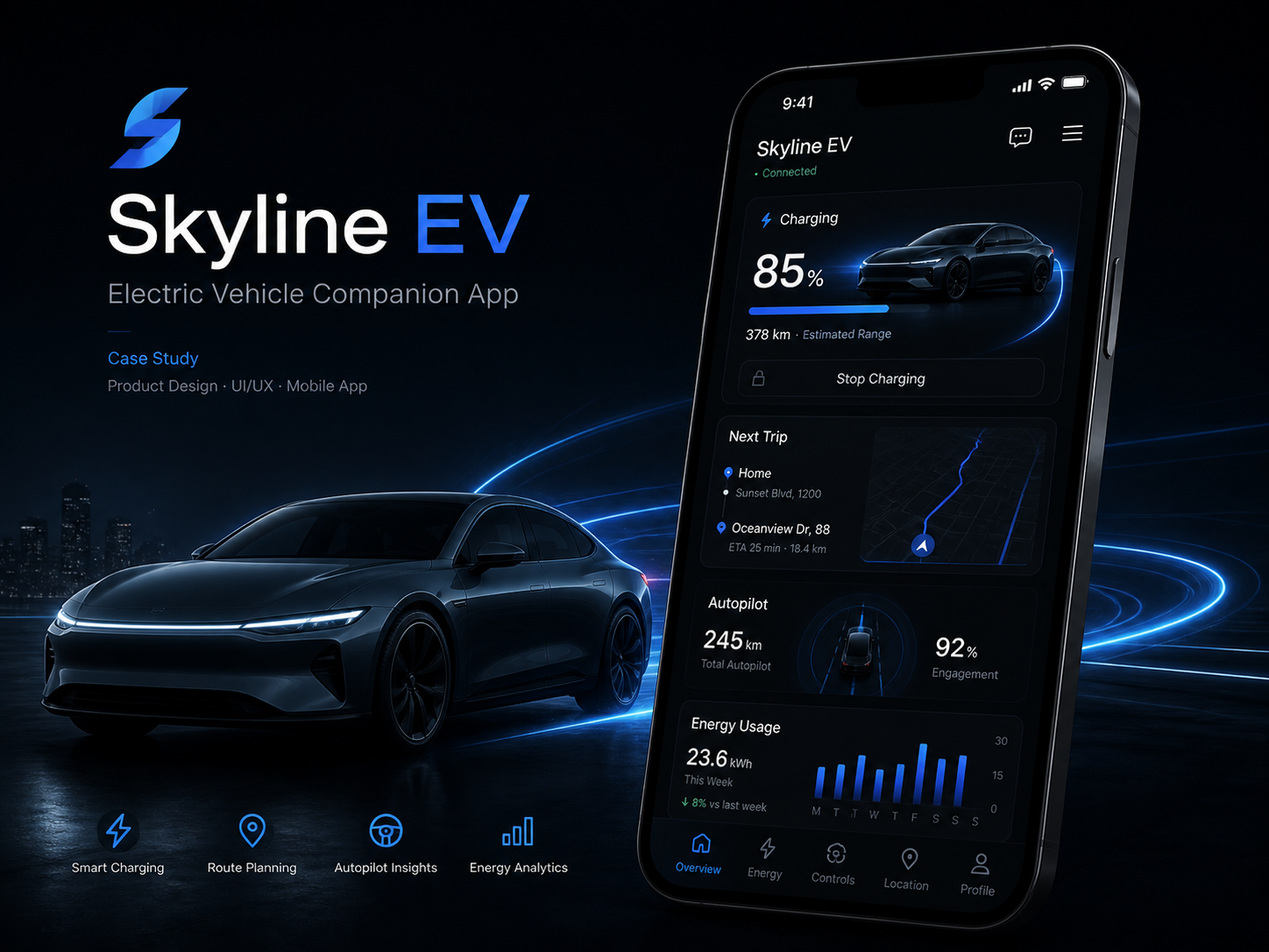 Skyline EV — дизайн интерфейса мобильного приложения для электромобиля
