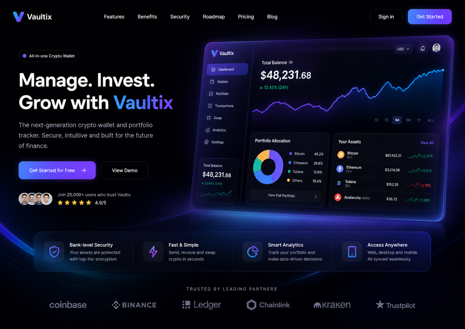 Vaultix — криптокошелек, дашборд портфеля и fintech-лендинг