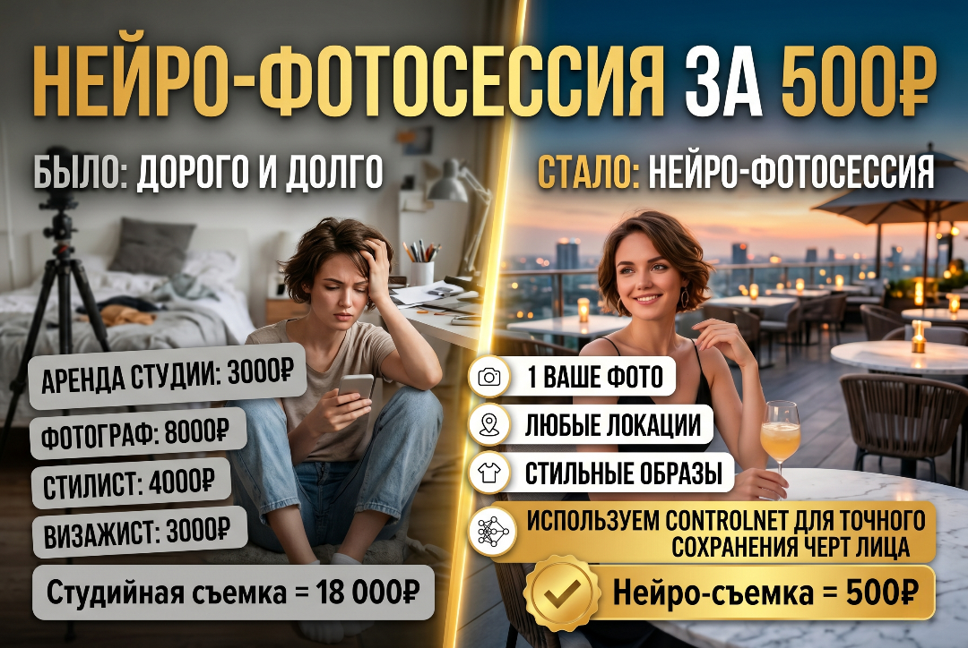 Нейро-фотосессия - из 1 домашнего фото в студийный контент