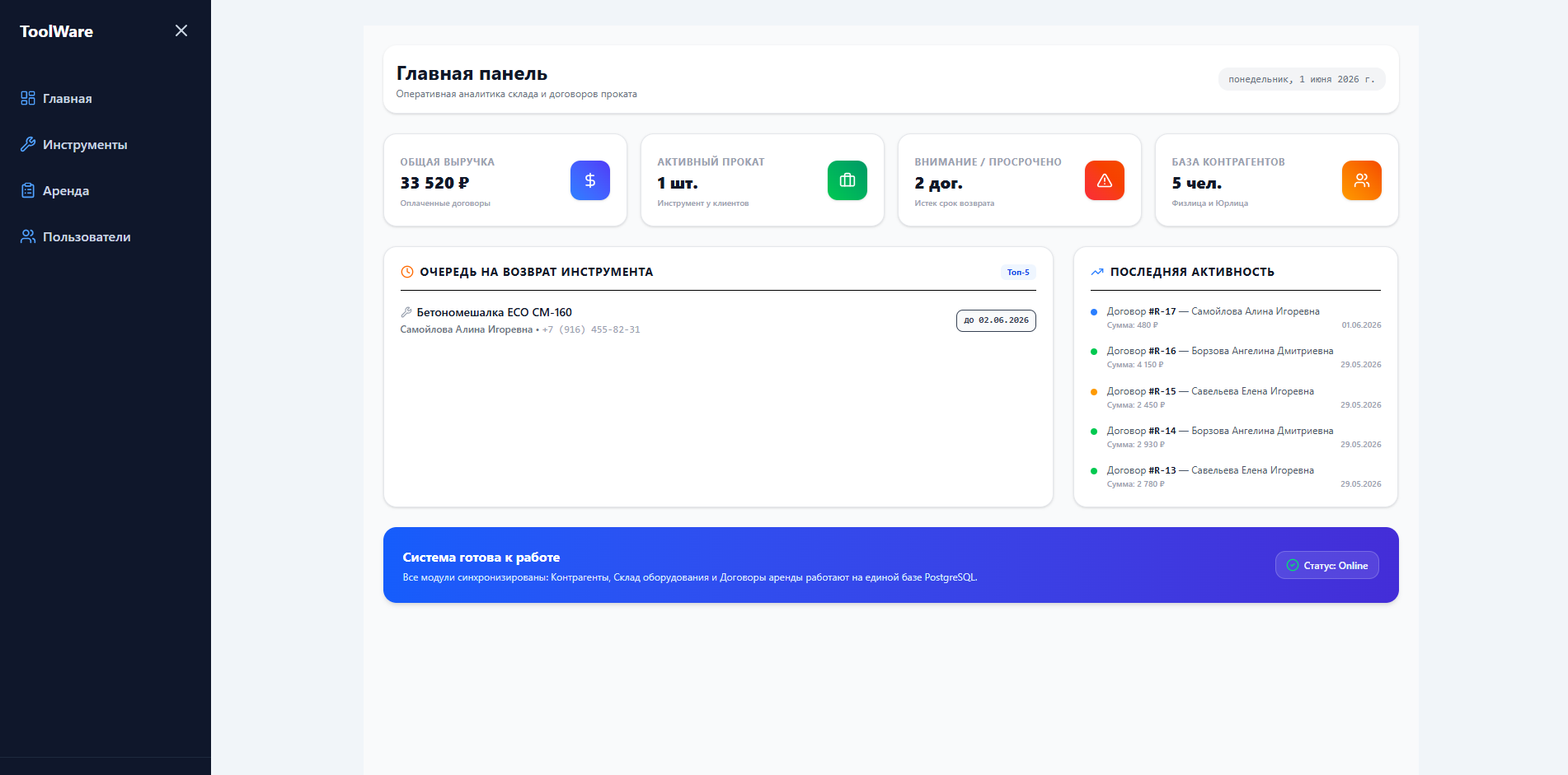 Готовая CRM-система для бизнеса по прокату инструментов «ToolWare»