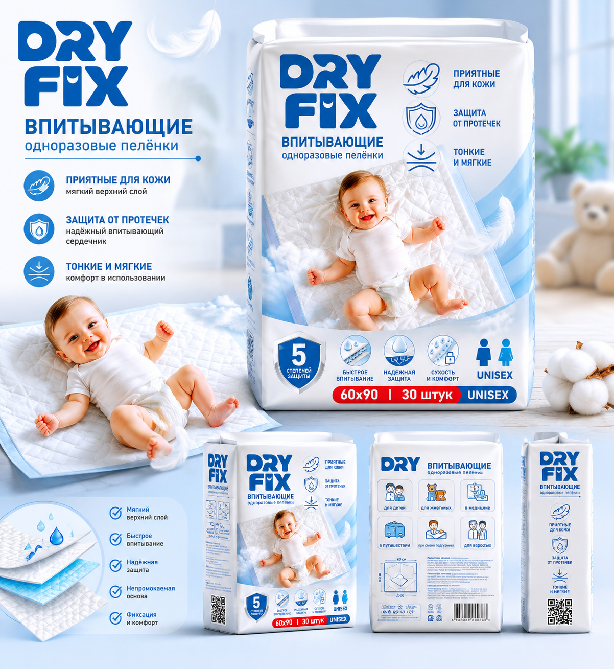 Разработка дизайна упаковки для одноразовых впитывающих пелёнок DRYFIX.