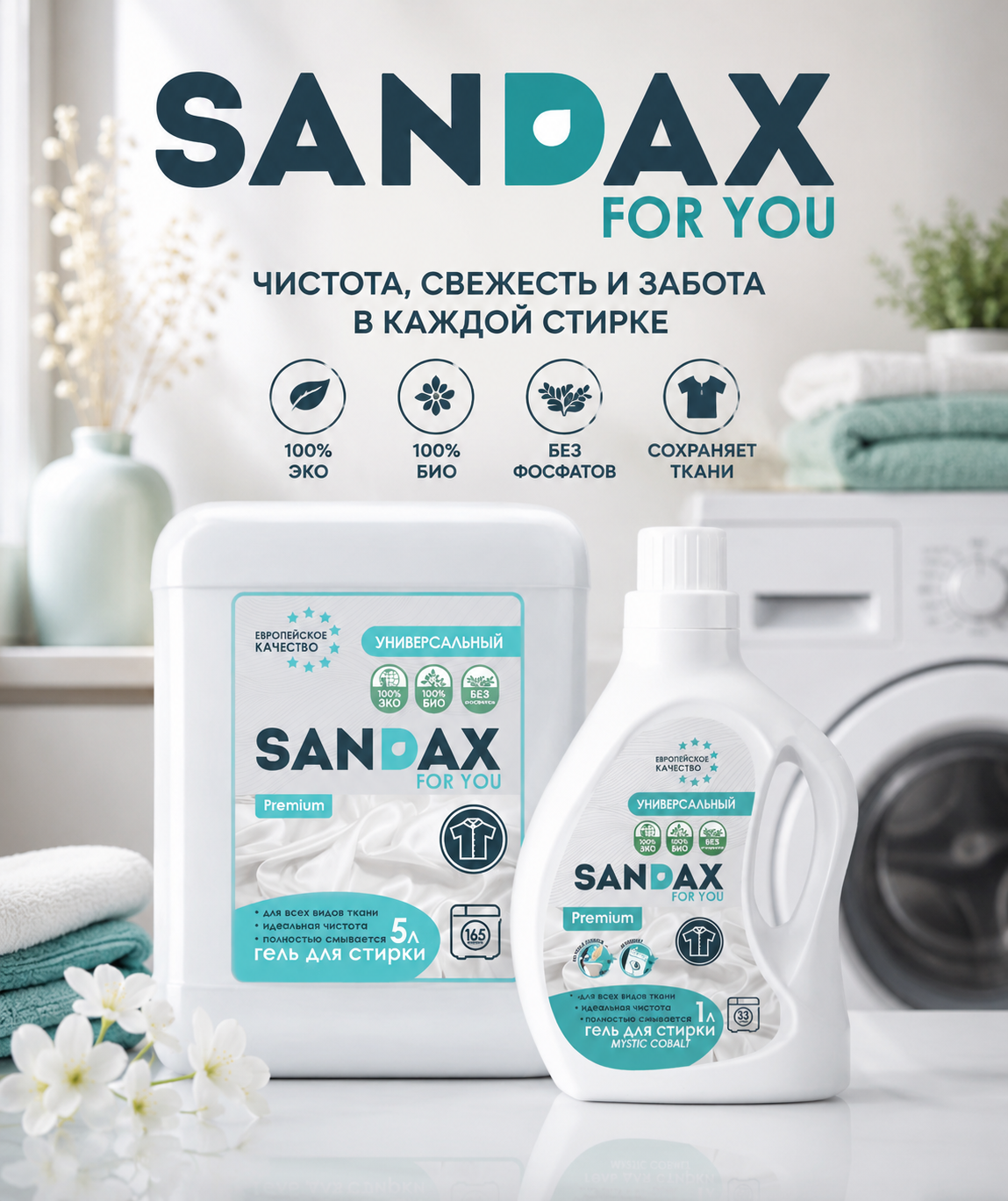 Разработка логотипа SANDAX и дизайна упаковки для линейки средств по уходу за бельём.