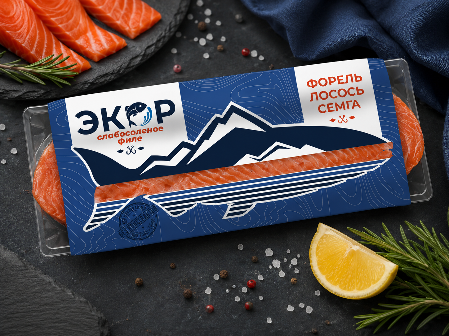 Разработать дизайн обечайки для упаковки слабосолёной красной рыбы бренда ЭКОР.