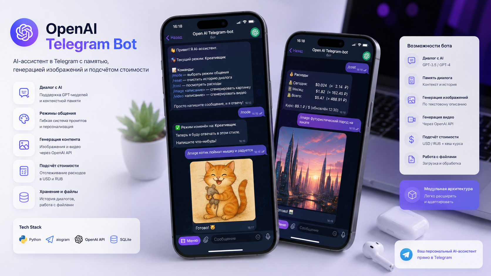 OpenAI Telegram Bot. Многофункциональный AI-бот для Telegram с поддержкой диалоговой памяти, генерации изображений и работы с OpenAI API.