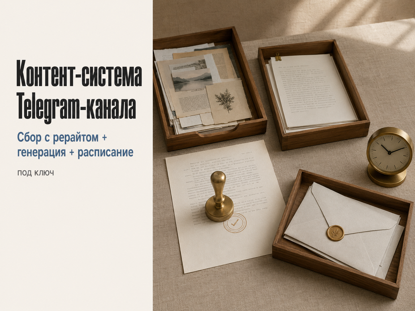 Контент-система для Telegram-канала под ключ: сбор с AI-рерайтом + генерация оригинальных постов + публикация по расписанию