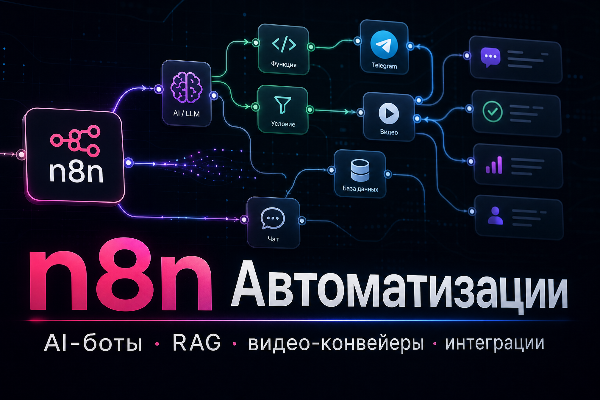 Автоматизация бизнес-процессов на n8n: AI-боты, RAG-агенты, контент-конвейеры «идея → видео → публикация» и парсинг соцсетей под ключ