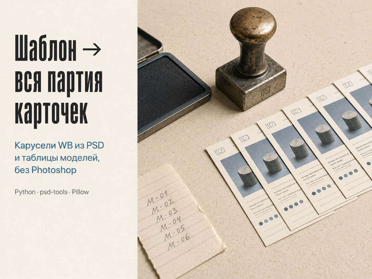 Конвейер карточек для Wildberries: из PSD-шаблона и таблицы моделей — пачка готовых каруселей без Photoshop