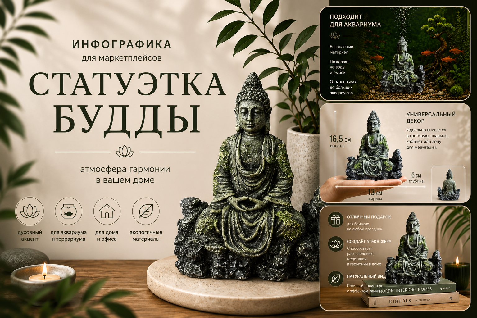 Инфографика для маркетплейсов: статуэтка Будды