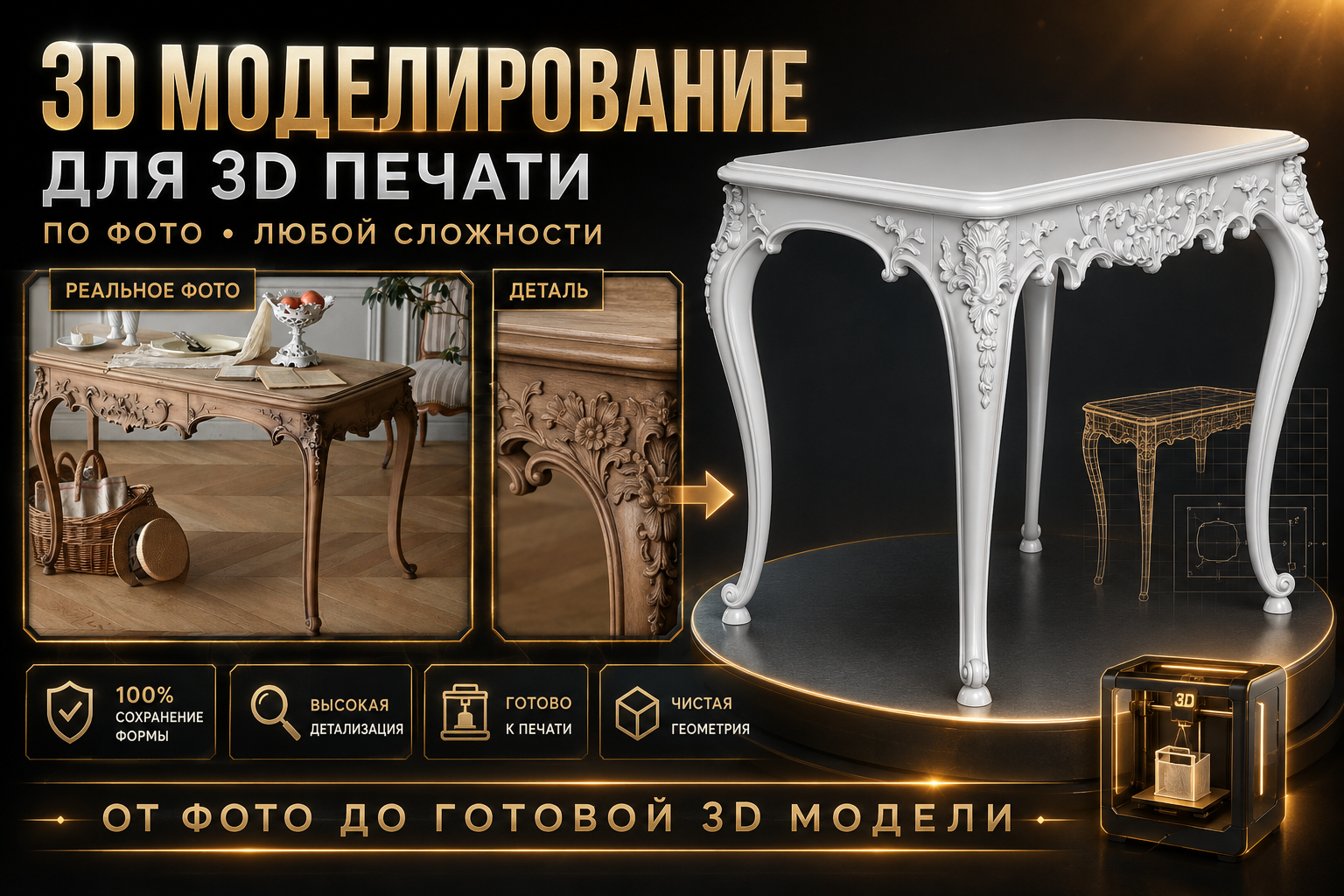 Классический резной стол в стиле рококо для 3D-печати