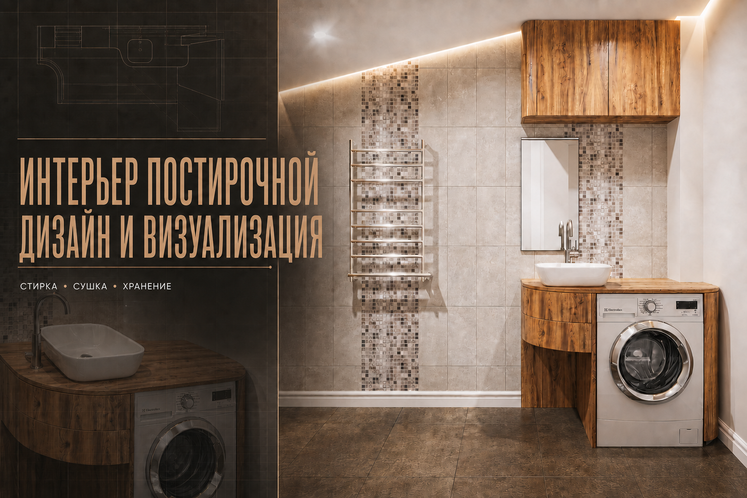 Дизайн и 3D-визуализация постирочной с зоной хранения белья