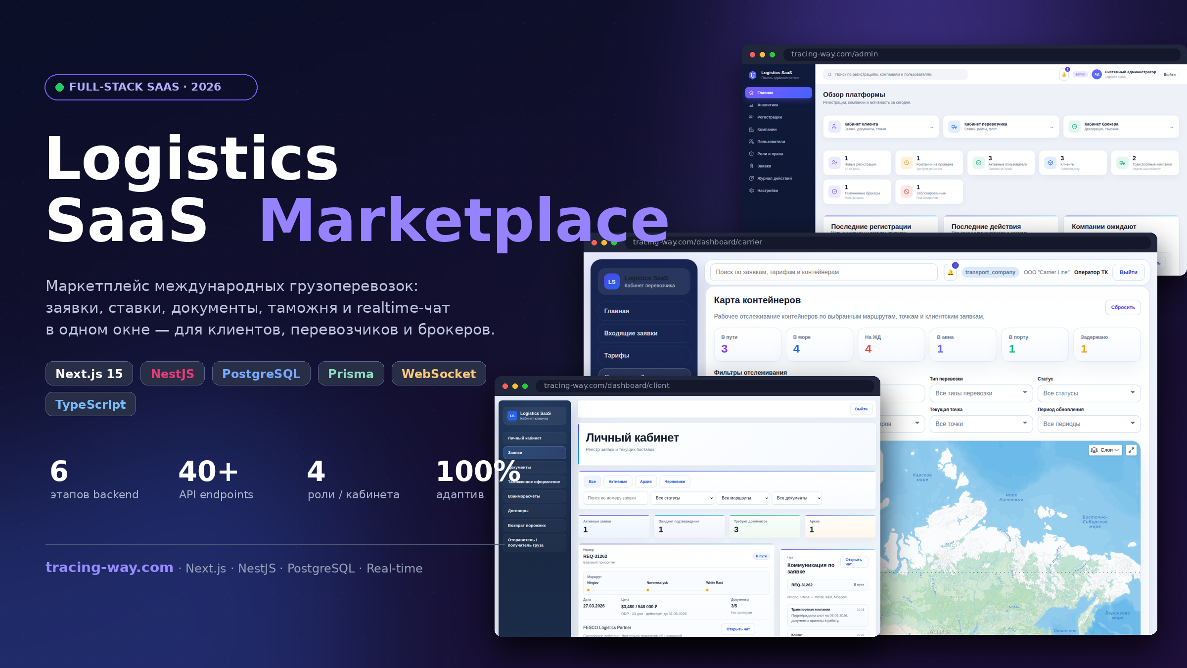 SaaS-маркетплейс грузоперевозок: 4 кабинета, ставки, таможня, realtime — MVP