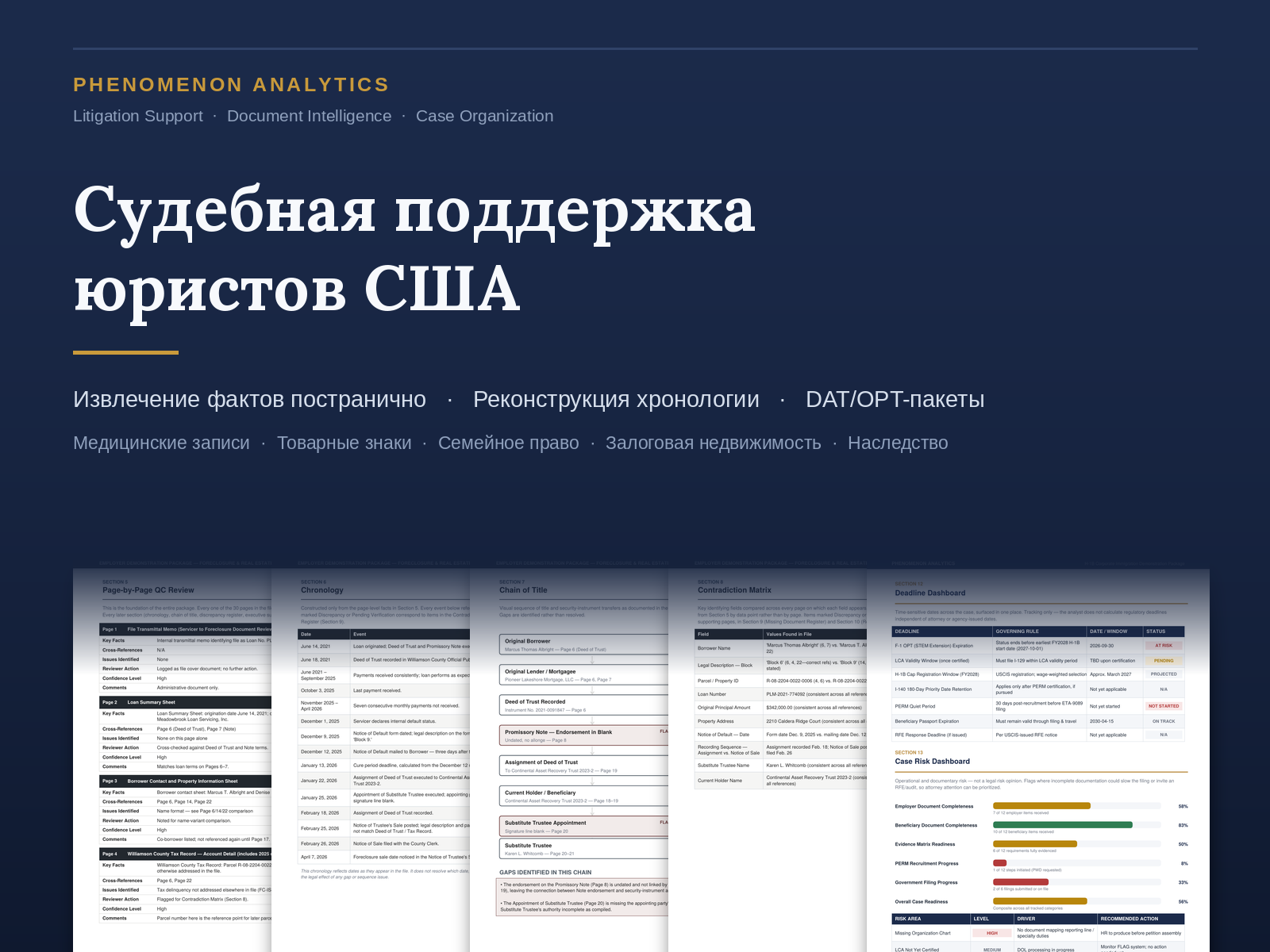 Судебная поддержка юристов США: извлечение фактов постранично, реконструкция хронологии, DAT/OPT-пакеты. Медицинские записи, товарные знаки, семейное право, наследство