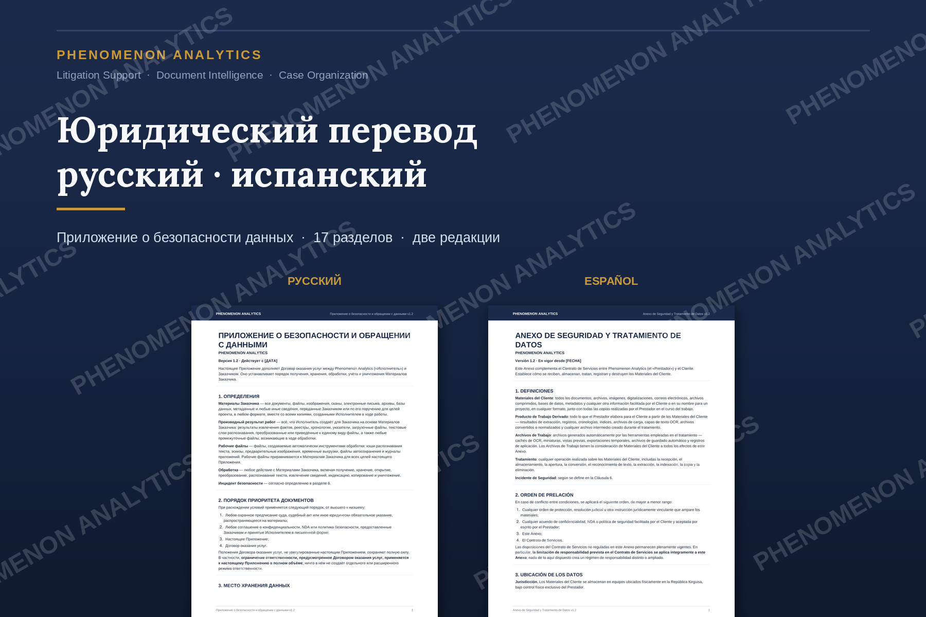 Юридический перевод испанский–русский: приложение о безопасности данных для международных клиентов — 17 разделов, две параллельные редакции