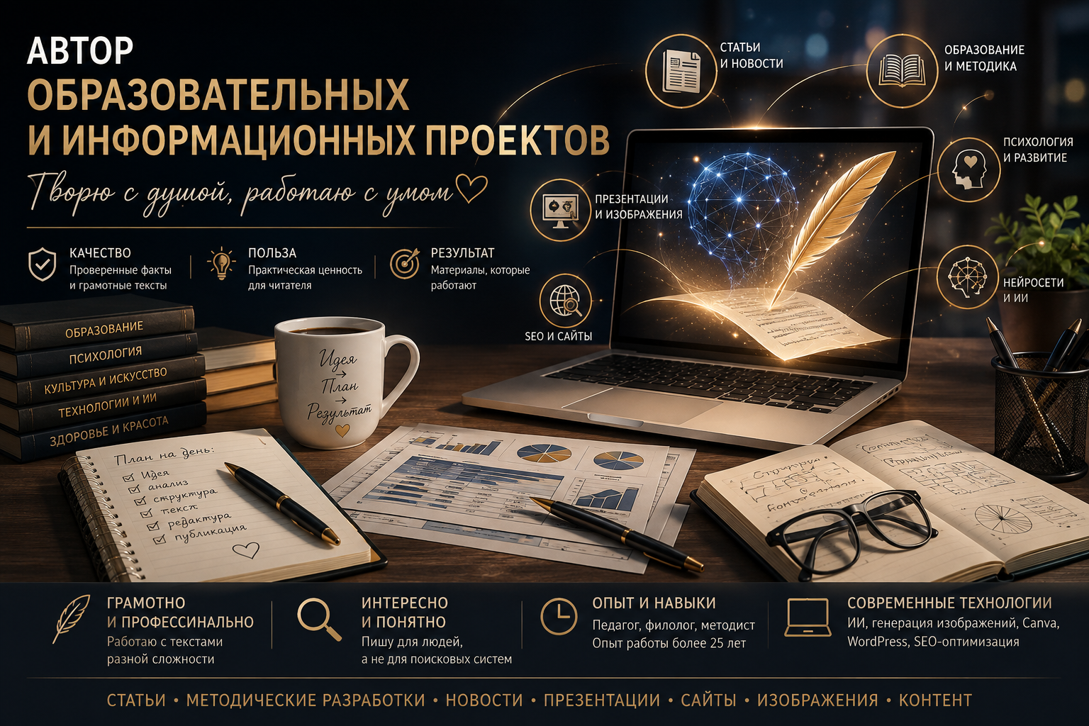 Создание авторского контента для образовательных, информационных и тематических интернет-проектов: статьи, методические материалы, новости, обзоры и презентации.