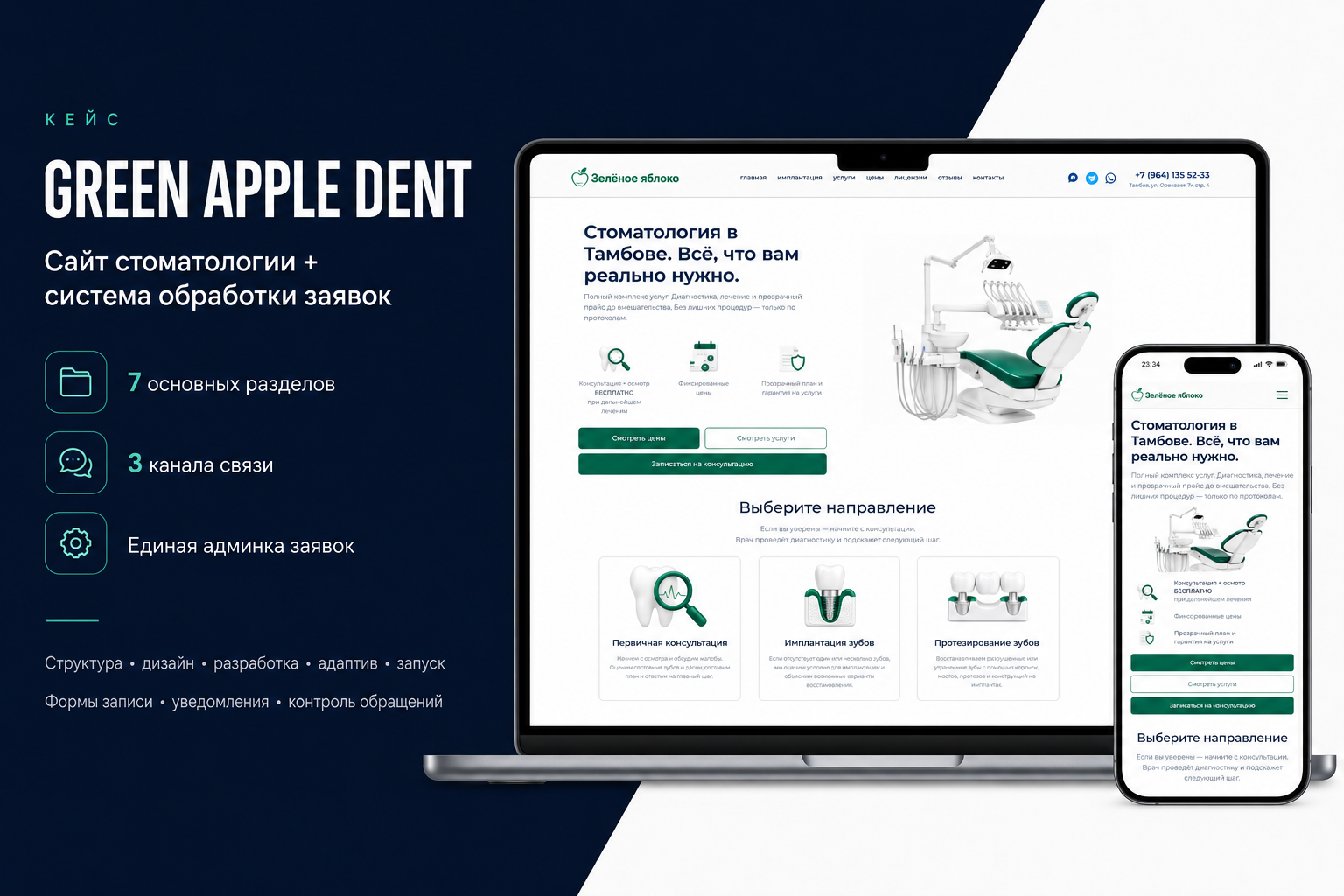 Green Apple Dent — сайт стоматологии + система обработки заявок