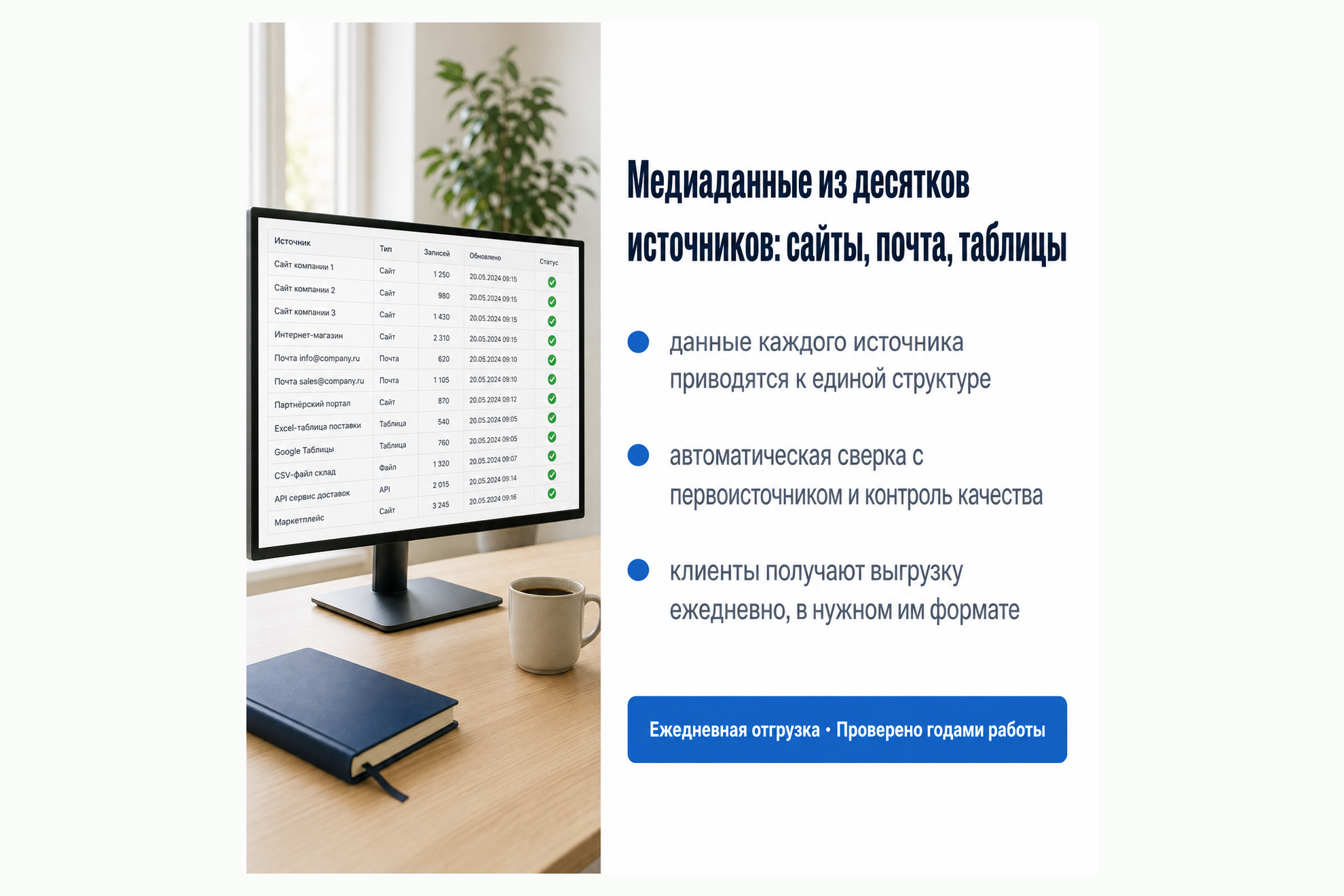 Сбор, сверка и ежедневная отгрузка медиаданных из десятков источников