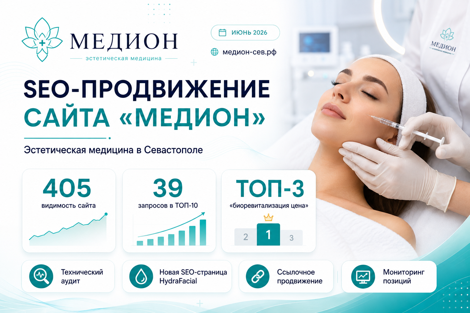 SEO-продвижение сайта эстетической медицины в Севастополе: техническая оптимизация, новые посадочные страницы, ссылки и рост позиций в поиске.