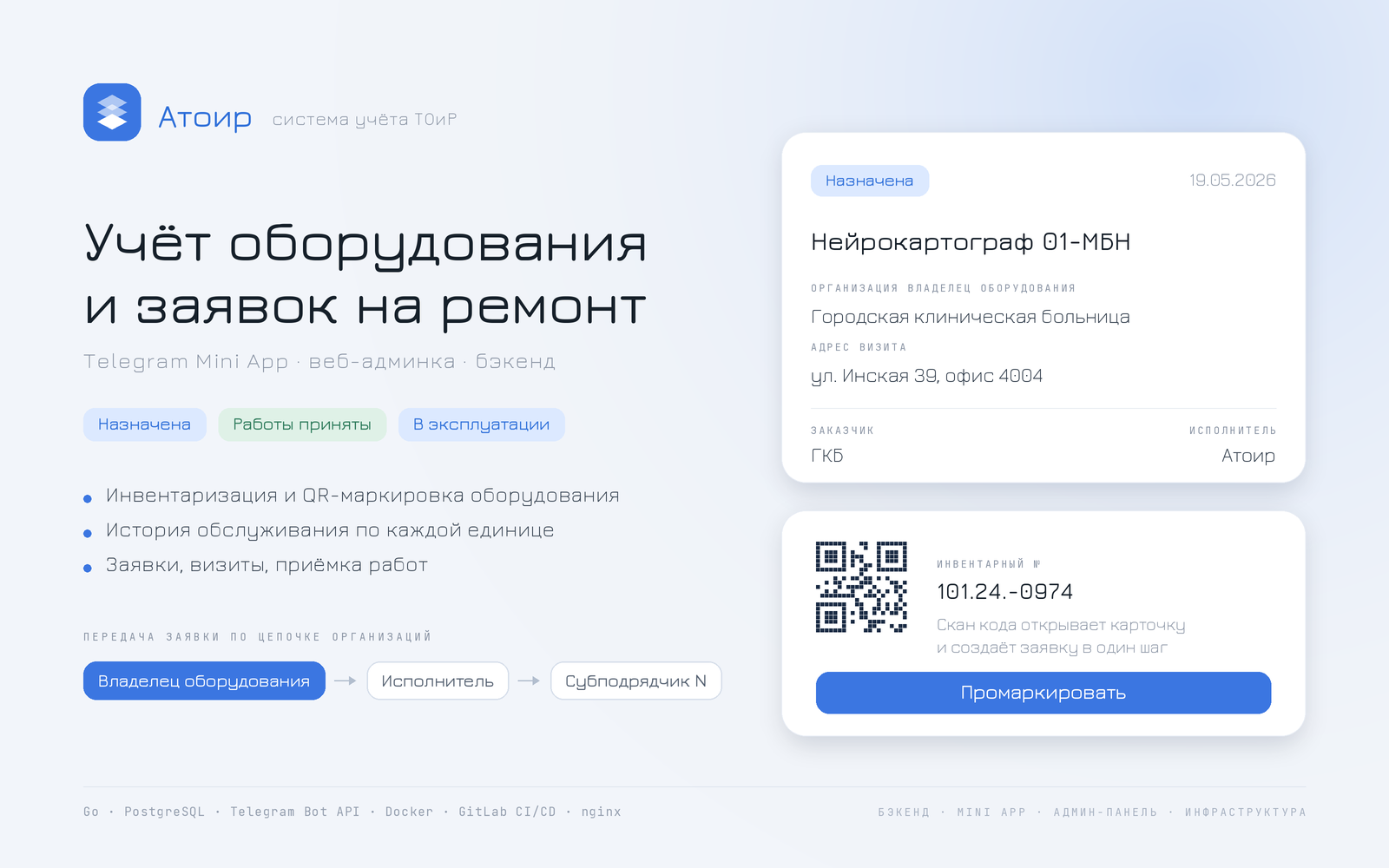 АТОиР — учёт оборудования с QR-маркировкой и заявки на обслуживание с цепочками подрядчиков (Go + Telegram Mini App)