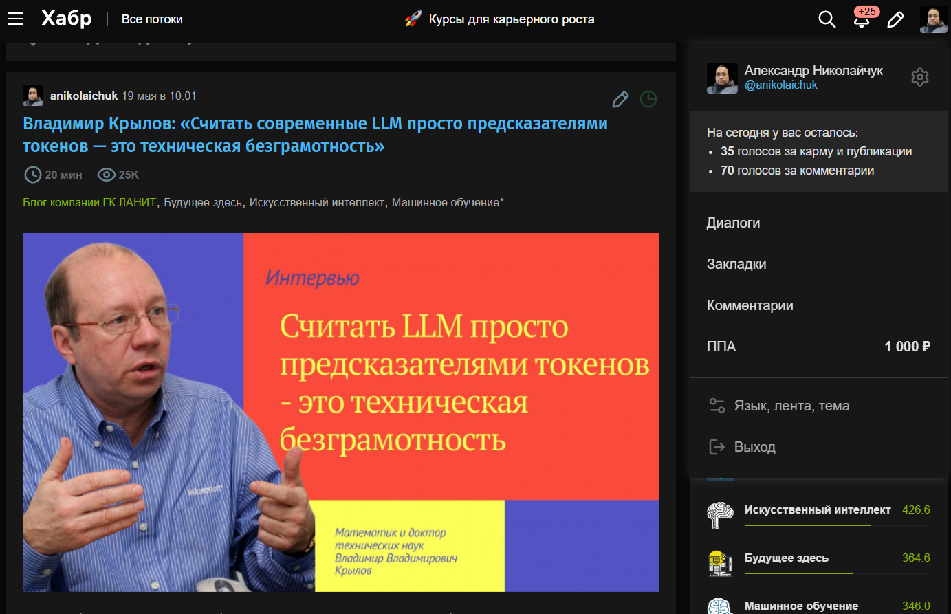 Хабр: 42 IT-материала и около 1,75 млн просмотров авторского профиля