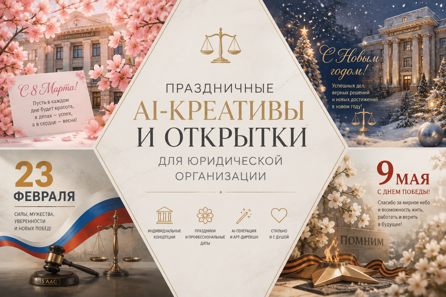 Праздничные AI-креативы и открытки для юридической организации