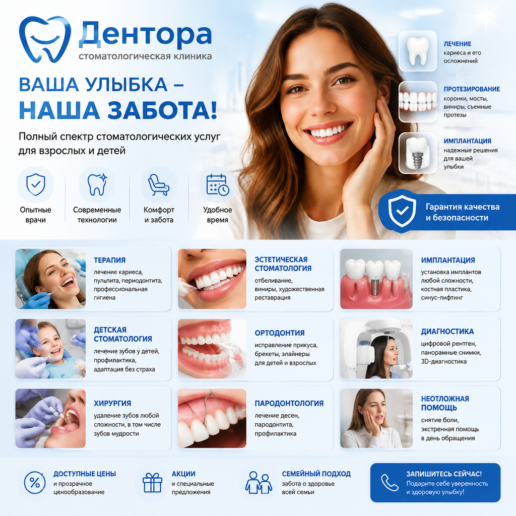 Реклама стоматологической клиники “Дентора”