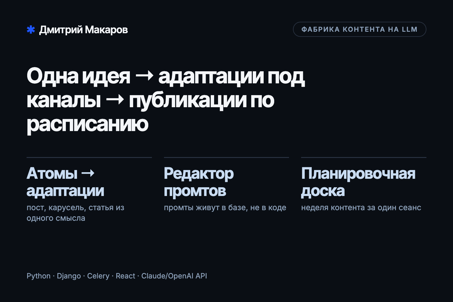 Фабрика контента на LLM: одна идея → адаптации под каналы → публикации