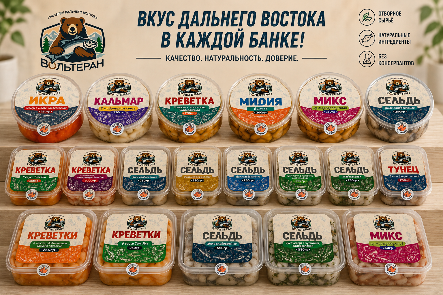 Линейка пресервов «Вольтера́н» - это современная серия продукции из морепродуктов и рыбы