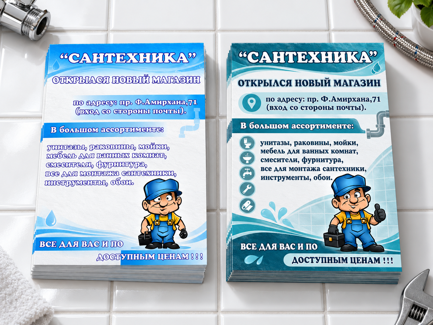 Магазин «Сантехника» — рекламный дизайн, листовки и плоттерная графика