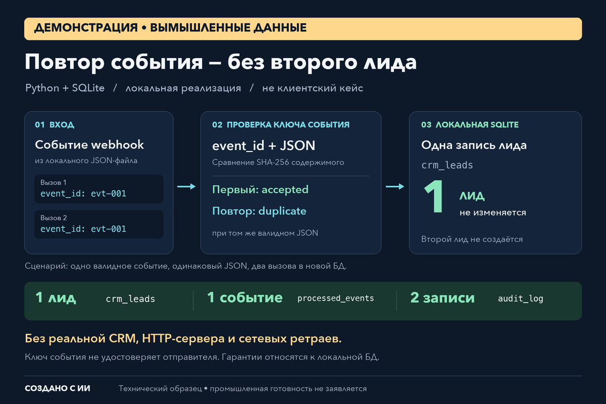 Повтор события без второго лида — локальная демонстрация Python + SQLite