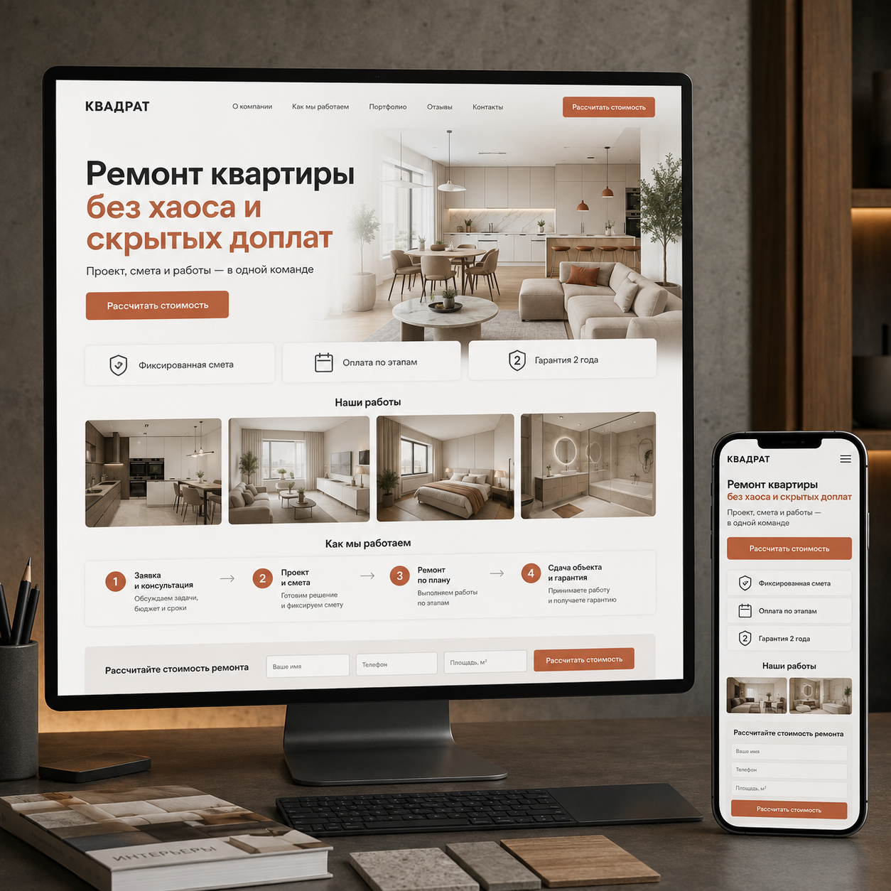 Концепт лендинга для студии ремонта квартир КВАДРАТ