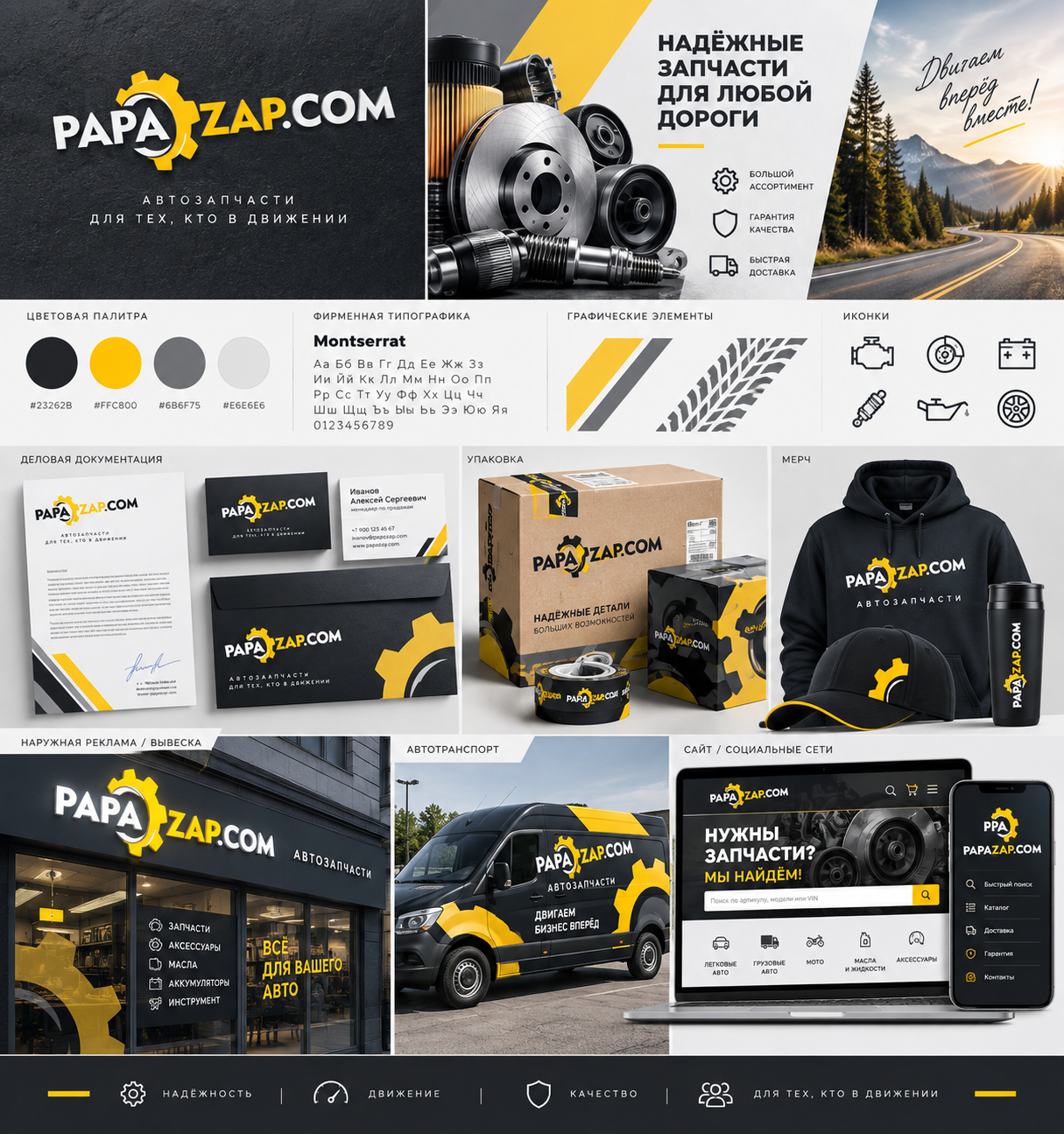 Разработка фирменного стиля для компании PAPAZAP.COM, специализирующейся на продаже автозапчастей.