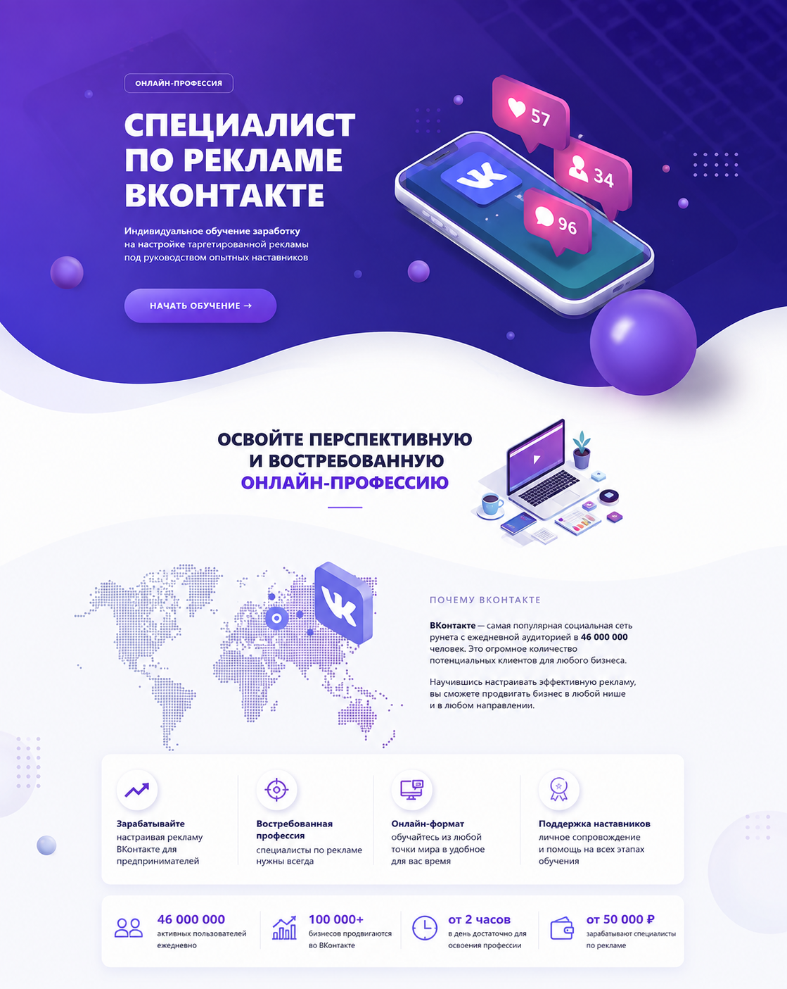 Разработка сайта по обучению рекламе в ВКонтакте