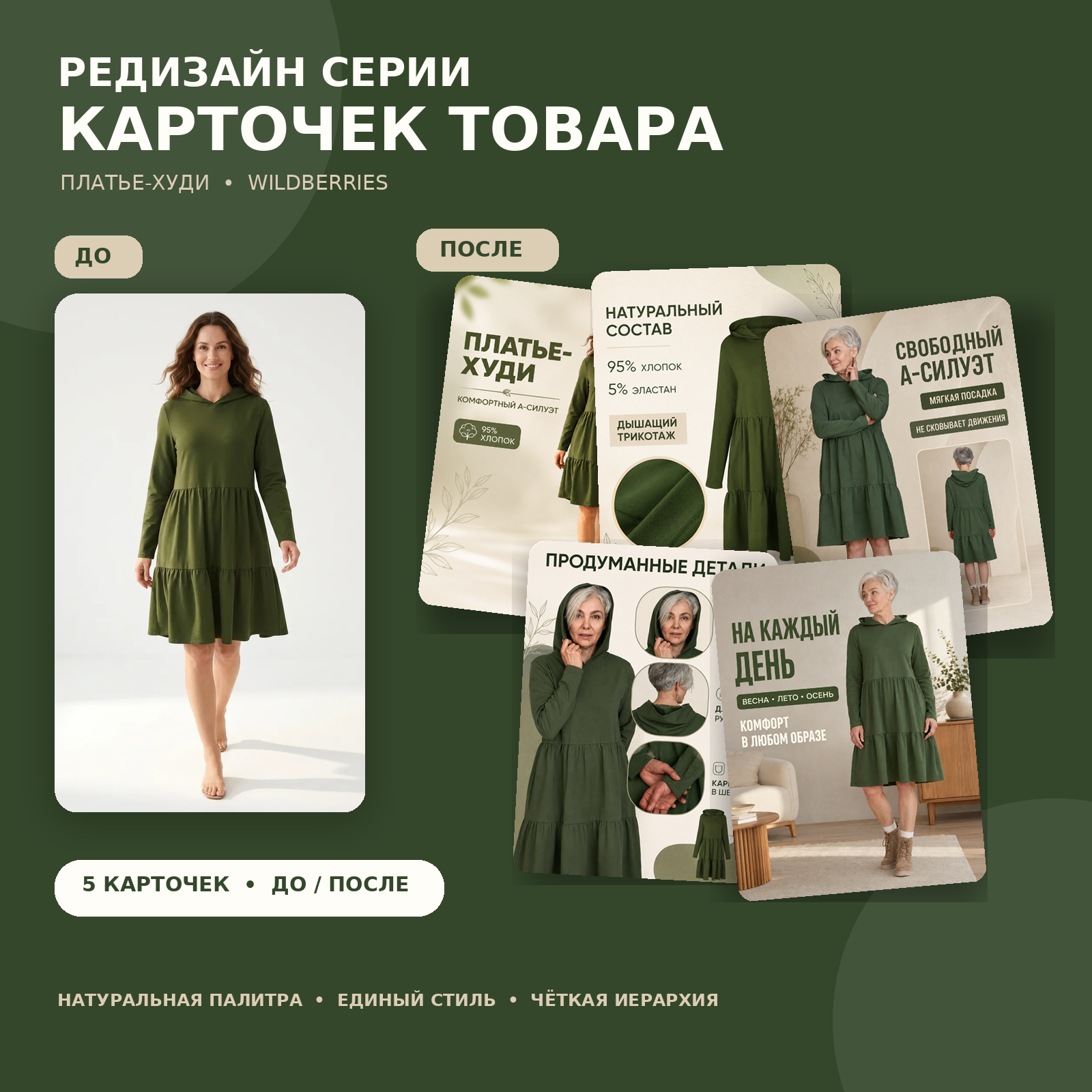 Редизайн карточки товара для Wildberries — зелёное женское платье