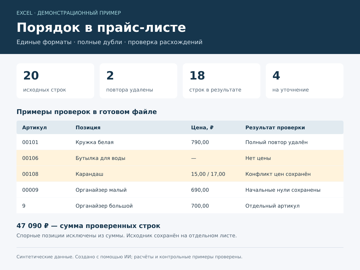 Очистка прайс-листа в Excel: дубли, форматы и проверка данных