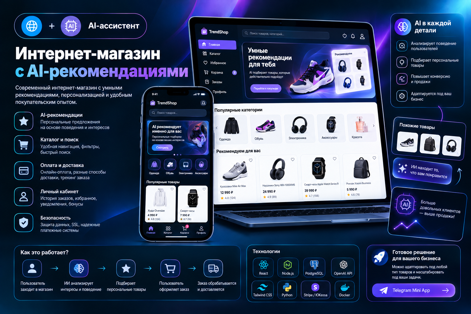 Интернет-магазин с персональными AI-рекомендациями и автоматизацией продаж