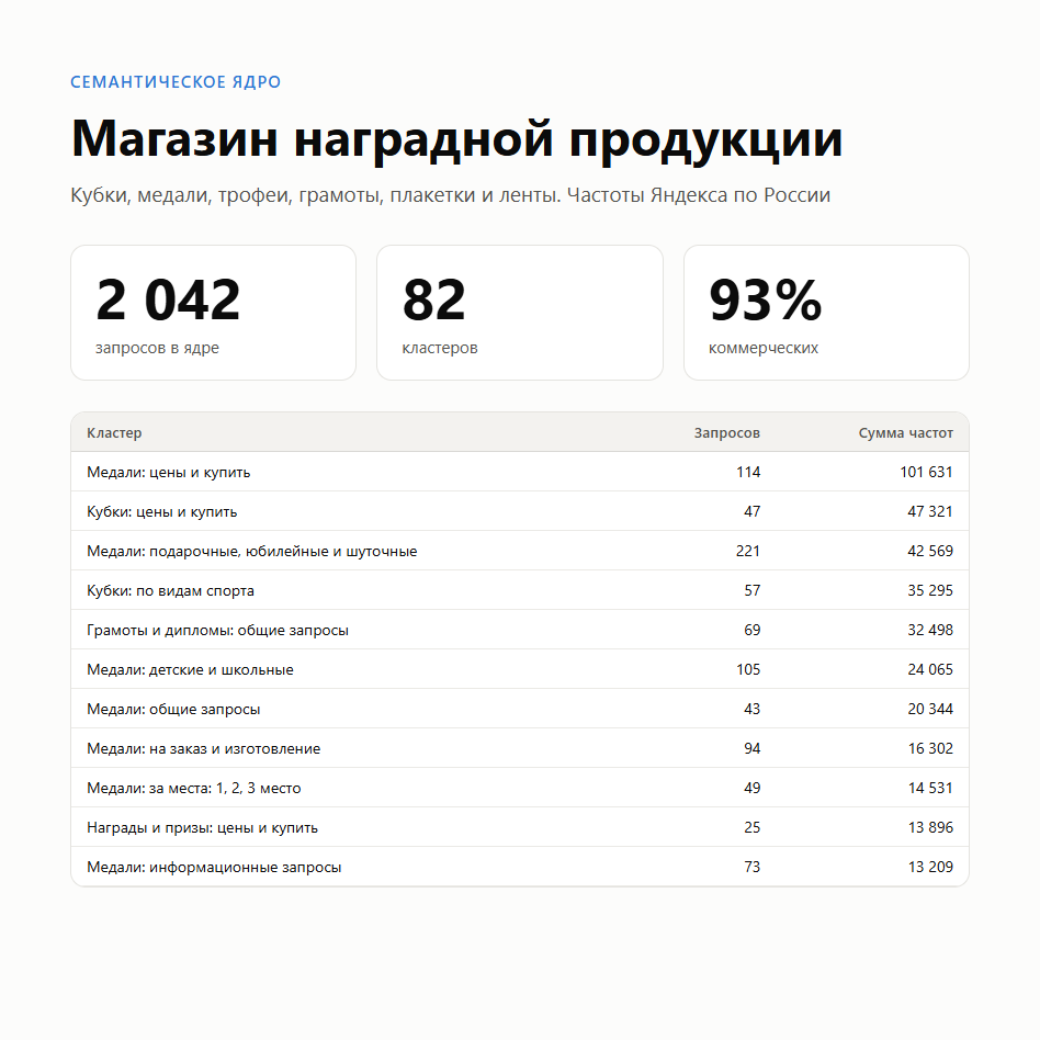 Семантическое ядро для магазина наградной продукции: кубки, медали, грамоты