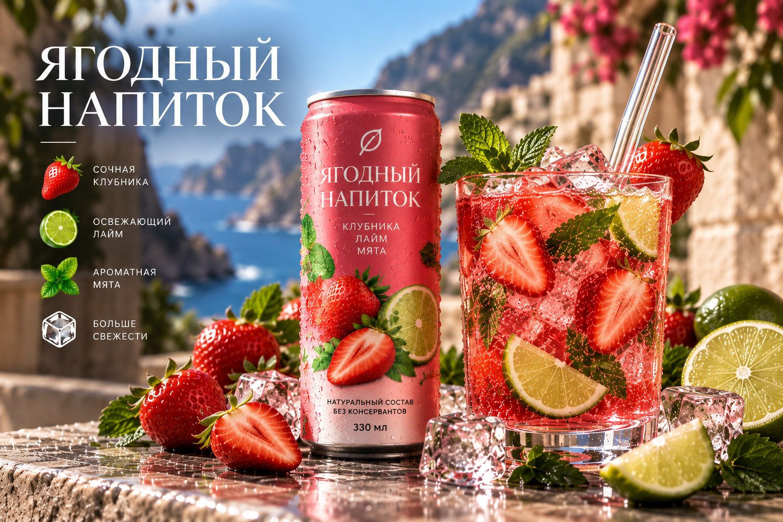 AI-рекламный визуал для ягодного напитка