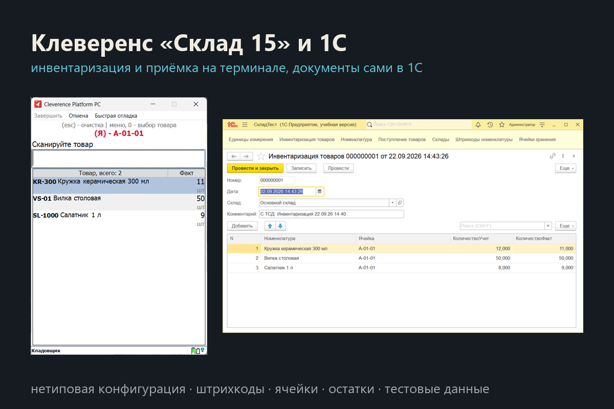 Терминалы сбора данных Клеверенс «Склад 15» с нетиповой 1С: инвентаризация и приёмка по ячейкам