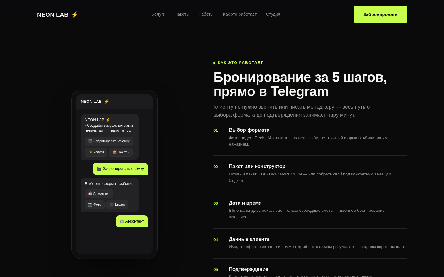 Демо-сайт AI-контент студии NEON LAB: конструктор пакета с живым калькулятором и интерактивный мокап Telegram-бота
