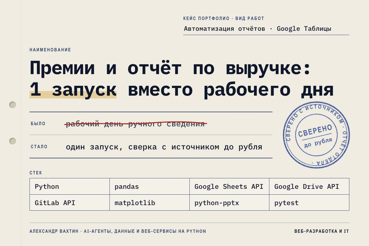 Премии и отчёт по выручке: 1 запуск вместо рабочего дня