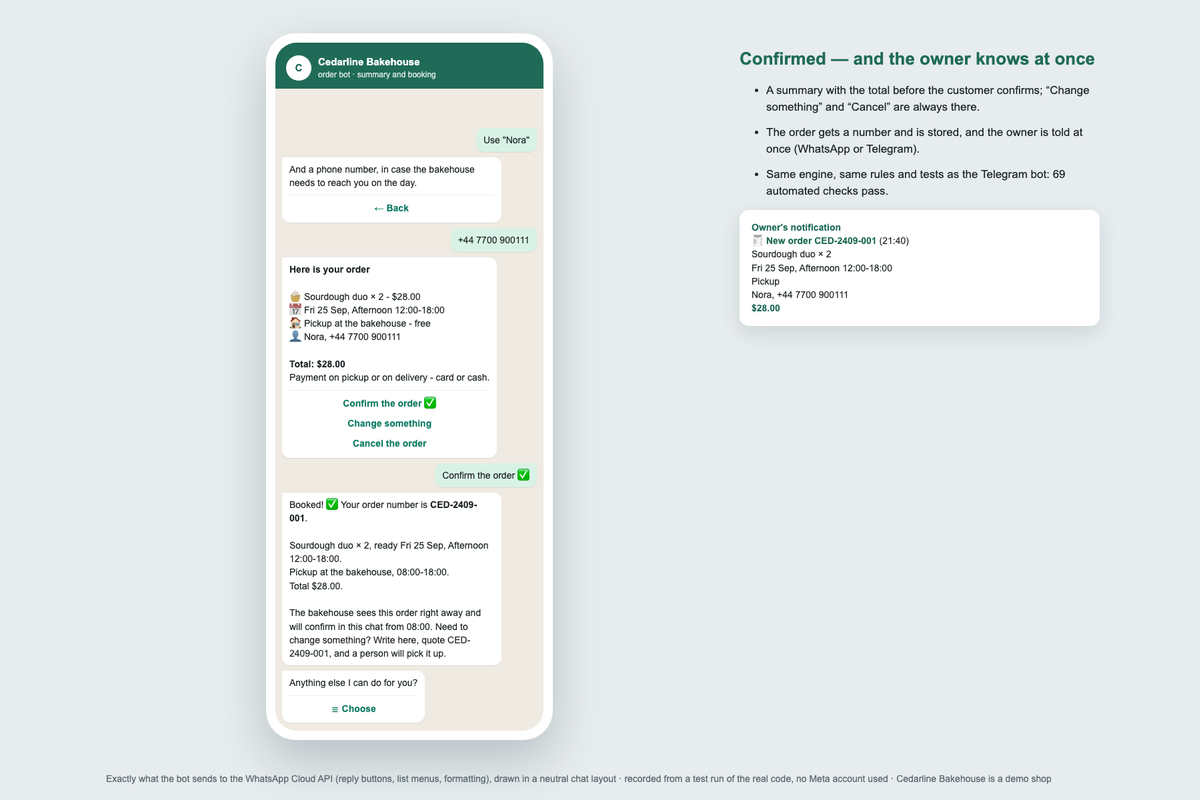 Демо: бот заказов в WhatsApp, тот же, что в Telegram