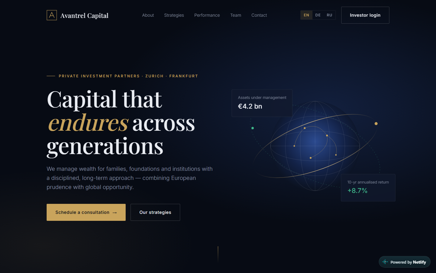 Многоязычный сайт инвестиционной компании Avantrel Capital