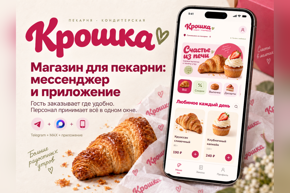 Крошка: магазин пекарни в MAX, Telegram и мобильном приложении с общей админкой