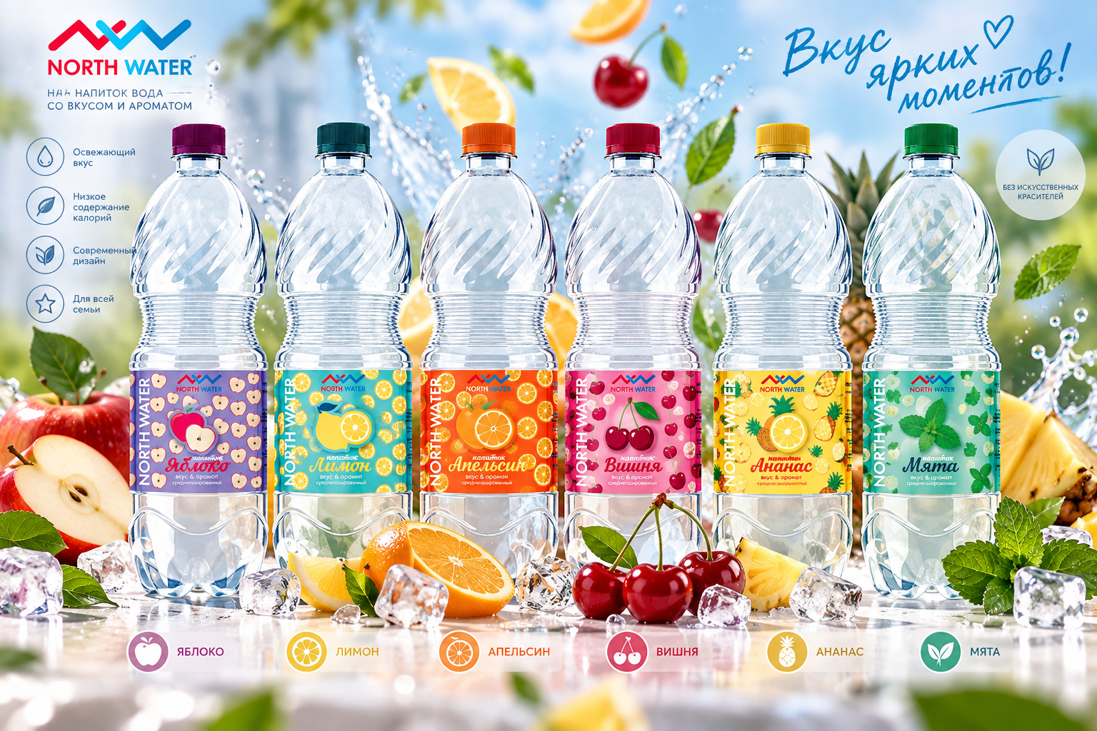 Разработка дизайна этикеток для линейки питьевой воды NORTH WATER со вкусами фруктов и ягод