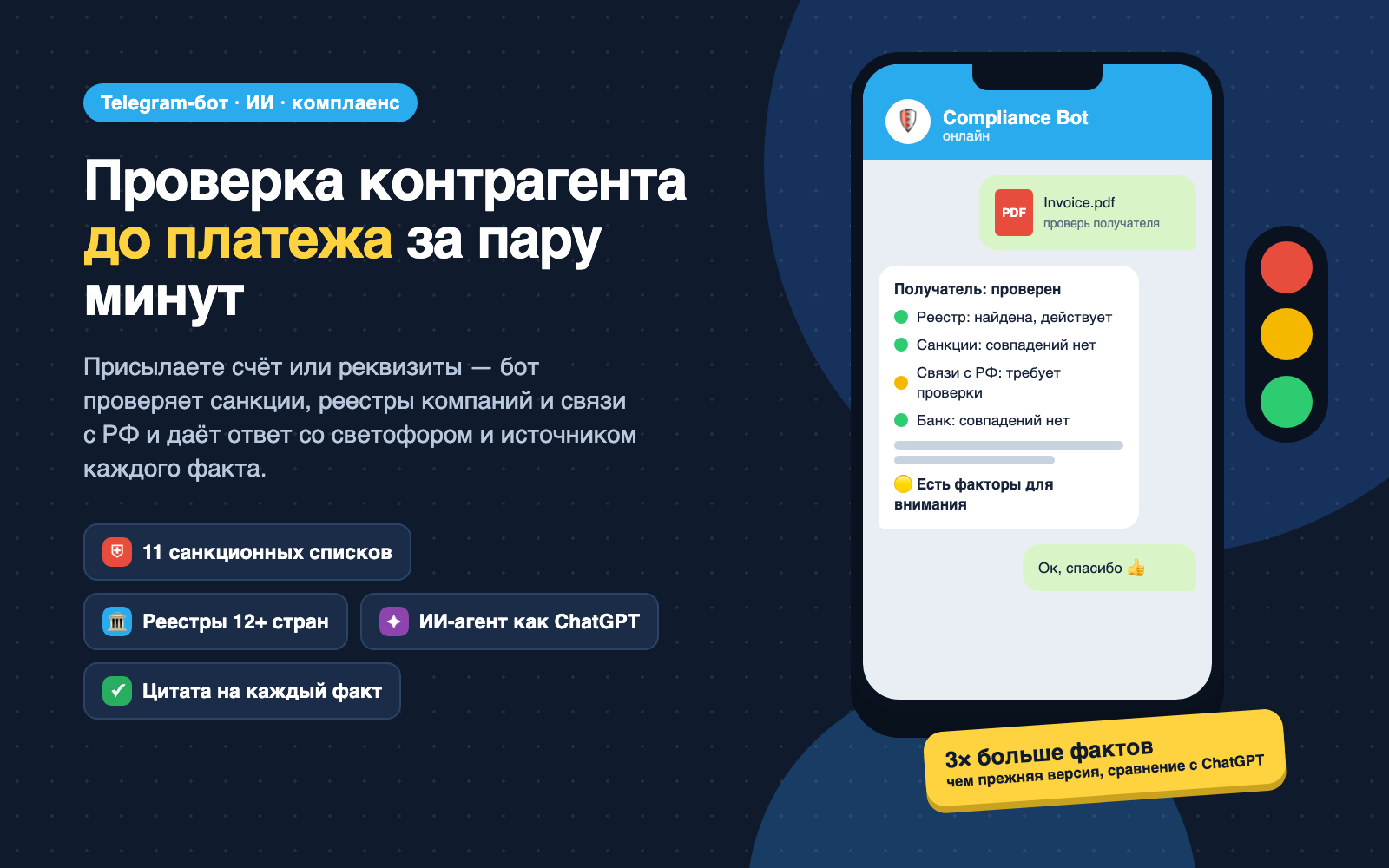 Telegram-бот на ИИ для комплаенс-проверки контрагентов перед платежом: санкции, реестры компаний, связи с РФ — с источником на каждое утверждение