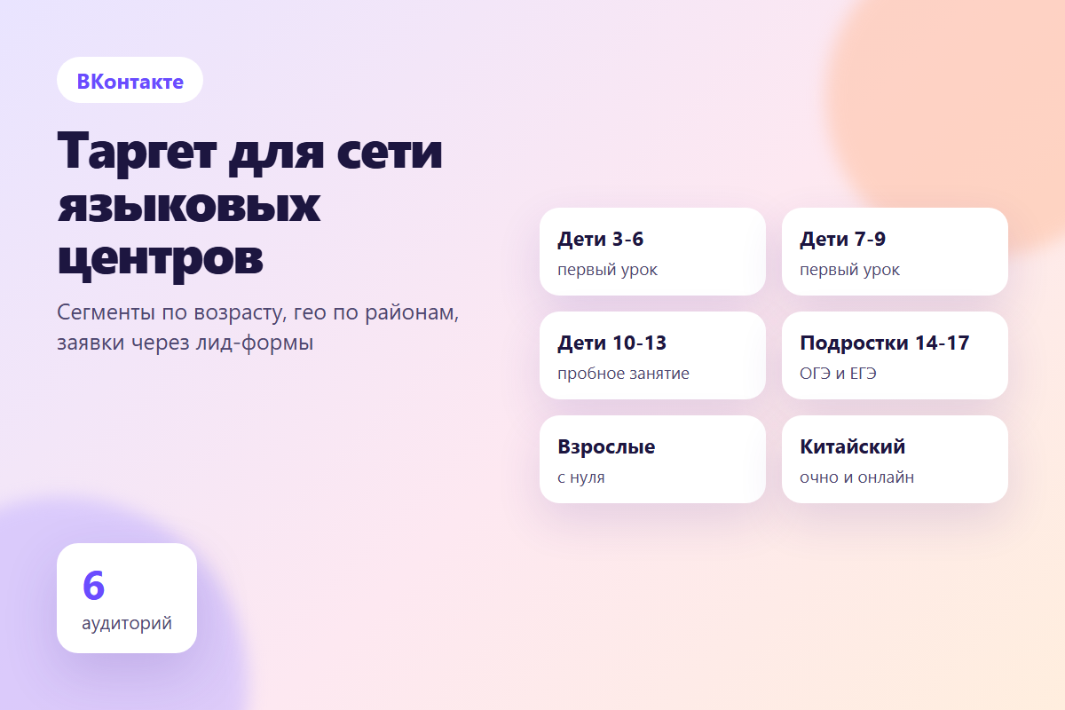 Таргет ВКонтакте для сети языковых центров: шесть аудиторий и лид-формы