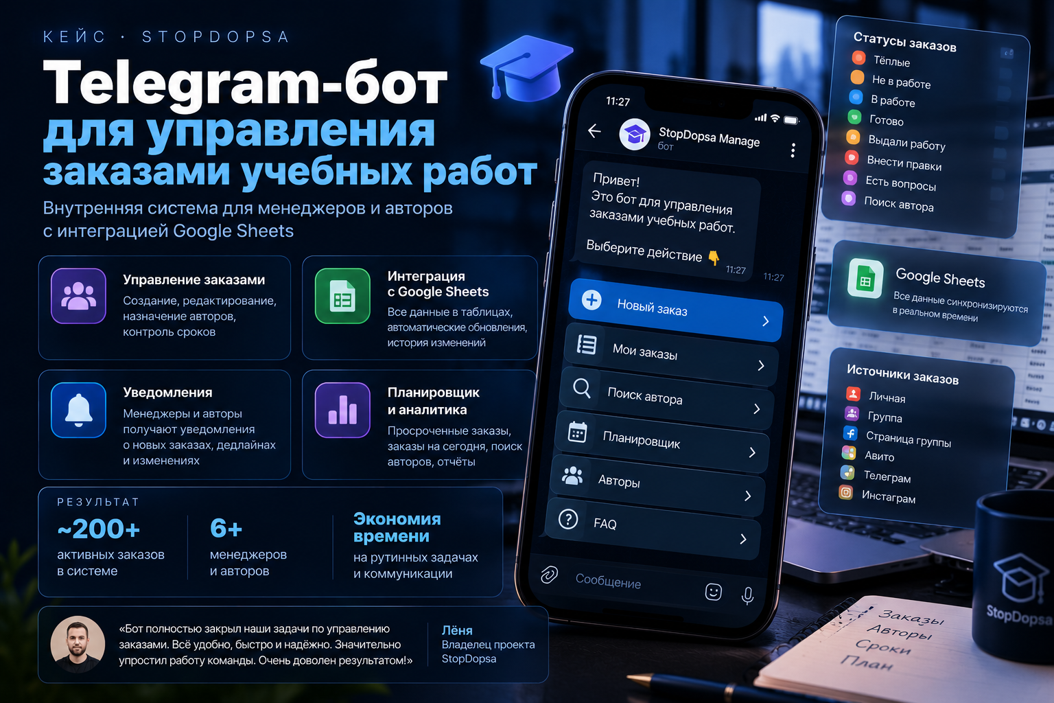 StopDopsa - система управления заказами и авторами в Telegram